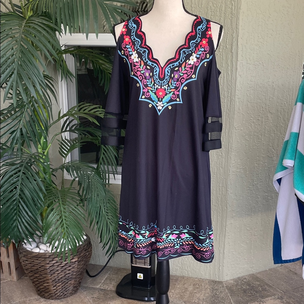 Black Cold-Shoulder Dress with Colorful Embroidery